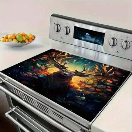 1pc Mystical Forest Deer Head Design Gas Stove Protector, High-Temperature Resistant, Scratch-Proof, Easy to Clean, Polyester Material, with Enchanted Nature Aesthetic for Kitchen, Kitchen Stove Protector | Natureinspired Design | Easyclean Fabric