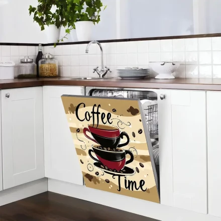 PVC Dishwasher Replacement Decoration Kit, Large Polished Metal, Coffee Cup Pattern, Magnetic, for Dishwasher, Refrigerator Panel