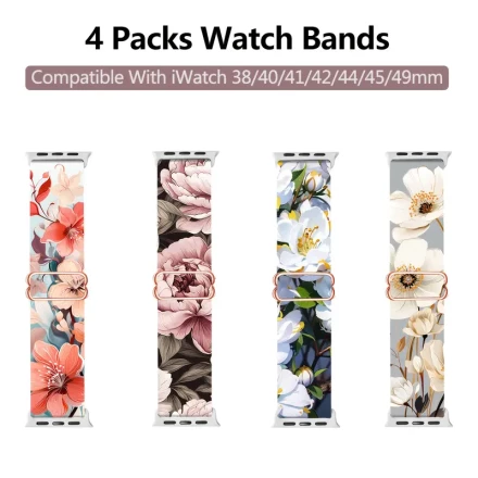 4pcs Stretchy Nylon Bands for Apple Watch, Gradient Floral Polyamide Adjustable Straps, Compatible with iWatch Series 1-9, SE, and Ultra, for Women