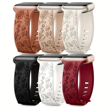 6pcs Floral Engraved Silicone Bands for Apple Watch - Soft, Waterproof Sport Straps Compatible with Series 1 to Ultra 2 & SE, Fits 38mm to 49mm