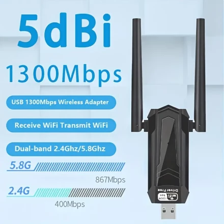 Wireless USB 1300Mbps 5dBi PC WiFi Adapter with Built-in High-Gain Dual-Band Antenna 5.8G/2.4G Desktop Computer Wireless Adapter, Plug and Play for Windows 7/8.1/10/11, Give Your Computer WiFi Function and Mobile Hotspot Function Immediately!