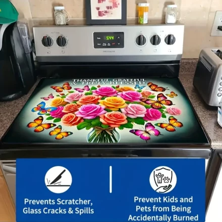 1pc Grateful to Have You Rose Floral Pattern Heat-Resistant Mat, Size 72.01 cm X 51.99 cm, Glass Stove Protector, Scratch-Resistant Stove Cover, Dishwasher Safe Natural Rubber Mat for Kitchen Cooking.