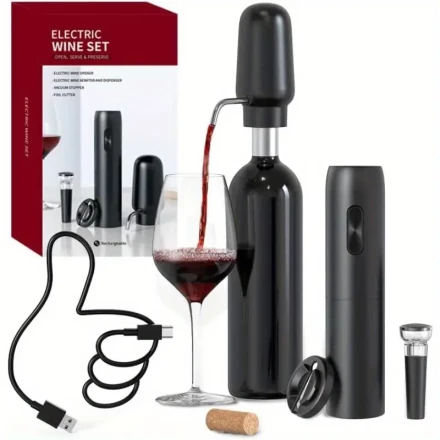 4-in-1 Rechargeable Wine Opener Set with Aerator Pourer, Foil Cutter & Vacuum Stopper - Perfect Gift for Wine Enthusiasts, USB Powered, Black