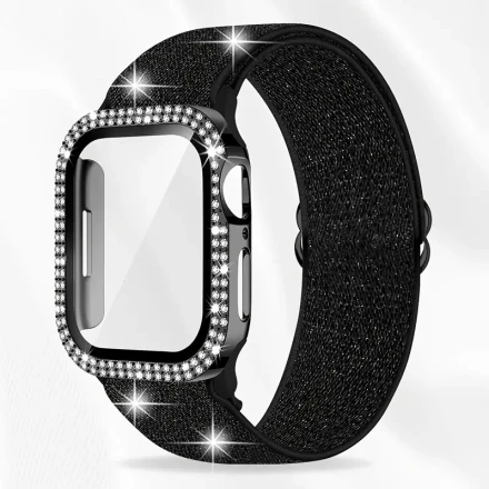 for Apple Watch Band 40mm 41mm 44mm 45mm with Women's Screen Case, Stretch Band and Diamond Case Tempered Glass for iWatch Series 9 8 7 6 5 4