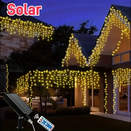 1 Pack, Outdoor Solar Curtain Leather LED Light, 8 Modes Remote Control Waterfall Light, Courtyard Eaves Balcony Birthday Party Wedding Decoration Light, Valentine'S Day Ramadan Atmosphere String Light