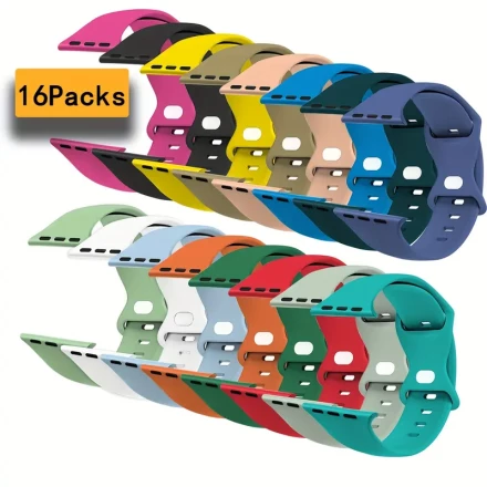 16pcs Vibrant Sport Silicone Bands for Apple Watch | Waterproof & Soft Loop Straps | for iWatch Ultra/SE Series 10/9/8/7/6/5/4/3/2/1 | Adjustable, Durable Replacement Wristbands in Assorted Colors | Ideal for Men & Women's Smartwatches (38mm-49mm), for Ap