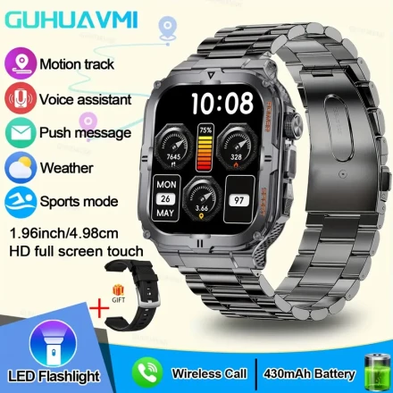 1pc GUHUAVMI Sturdy Durable Outdoor Sports Smart Watch For Men (answer/make Calls), The Latest Android IPhone Wireless Sports Smartwatch From 2024, 1.96inch/4.98cm Full Touch Large Screen, And Motion Tracking Wirelessly Connected Smartwatch, AI Voice/pedo