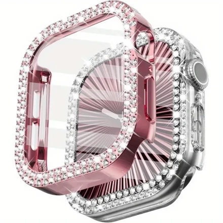 2pcs Diamond Bling Tempered Glass Screen Protector Case, PC Material, Rhinestone, for Apple Watch 46mm 42mm 40mm 44mm 41mm 45mm, iWatch Series 10 9 8 7 6 5 4 SE