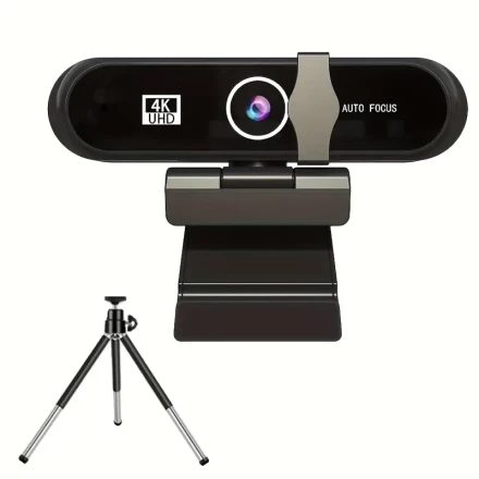 4K 2K Webcam with Auto Focus, Built-in Microphone, USB Port, 360° Swivel Base and Tripod Stand - Plug and Play, No Driver Needed for Live Gaming and Video Conferencing, Desktop, Laptop, Live Chat Work