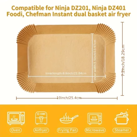 50/100/200pcs Air Fryer Disposable Paper Liners, Rectangular, Kitchen Accessories, Non-stick Parchment Paper for Double Air Fryer, Air Fryer Accessories, Oil and Water Resistant, Ramadan Mubarak