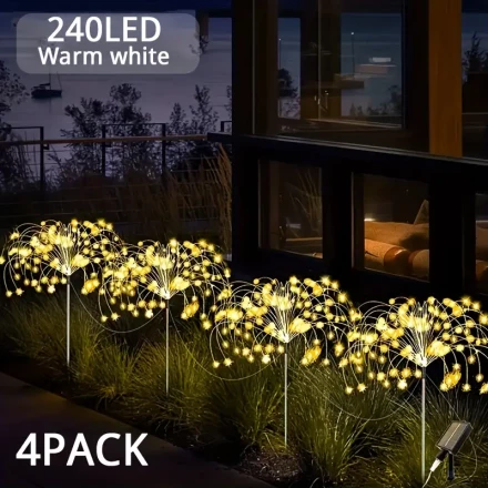 4pcs FACHOI Solar Fireworks Lights, LED Garden Stakes, 8 Lighting Modes, Ideal for Patio, Lawn, Holiday Parties, and Christmas Decorations (240/320 LED), Festive Lawn Lighting|Decorative Outdoor Lights|Waterproof Solar Lights