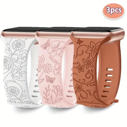 3pcs Silicone Floral Engraved Bands For Watch, Compatible With IWatch Series 9/Ultra/SE/8/7/6/5/4/3/2/1, Soft Sport Straps, Fits 5.1"-7.6" & 5.5"-7.9" Wrists, Cute Wildflower Design, Multiple Sizes (38/40/41mm & 42/44/45/49mm) - Men & Women