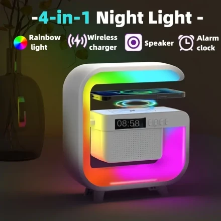 New Smart Desk Lamp Speaker with Wireless Charging, Colorful RGB Lights, Seven-Color LED Lamp, Wireless Charging for Phones, Watches, And Headphones, Multifunctional Lamp with Time Display And Alarm Clock Features, TF Card Playback.