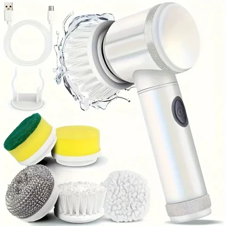 1 set of 5-in-1 electric rotating floor cleaner, with 5 replaceable brush heads, wireless electric cleaning brush, handheld rechargeable shower floor cleaner, suitable for bathrooms, kitchens, bathtubs, tiles, showers, cleaning supplies, Christmas supplie
