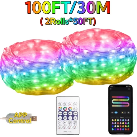 Boluoova RGB LED Rope Lights with App Control, USB Powered,, 36V Max, Non-rechargeable Button Battery, Infrared Remote, Built-in Microphone, Multicolor Decorative String Lights for Garden, Wedding, Christmas Tree