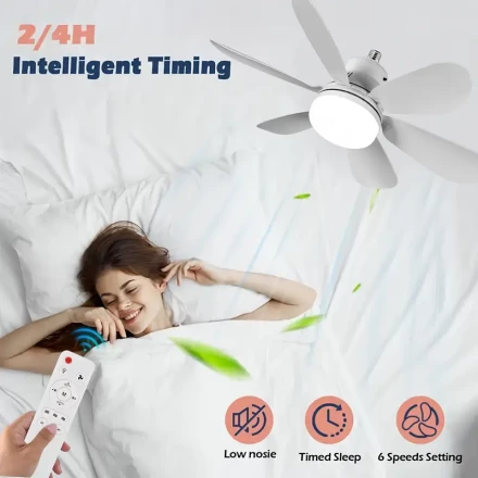 A White Smart Screw-In Ceiling Fan with Lights And a Remote Control, Featuring Adjustable E27/E26 LED Lights, Three-Speed Settings, Suitable for Bedrooms, Kitchens, Living Rooms, And Balconies—No Wiring Needed, Easy Installation.