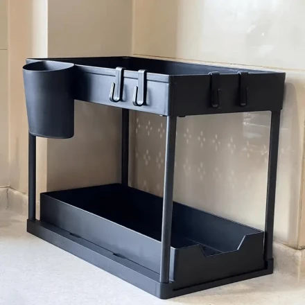 2-Tier Black Under Sink Organizer with Sliding Drawer & Hooks - Multipurpose Cabinet Storage for Bathroom and Kitchen, Space-Saving Design with Sturdy Metal Frame, Spacesaving Organizer | Contemporary Storage | Sturdy Storage Solution, Bathroom Organizers