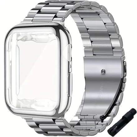A Protective Case And Strap That Fits Various Apple Watch Sizes, Including 42Mm, 46Mm, 41Mm, 45Mm, And 44Mm, Along with an Upgraded Stainless Steel Link Replacement Band Featuring a Screen Protector for Apple Watch Models 44Mm, 45Mm, 49Mm, 40Mm, And 41Mm 