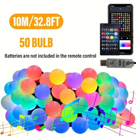 LED Smart Patio String Lights Spherical Garland Lights, RGBIC Dimmable, Color Changing, Music Synchronized, Outdoor/Indoor Decorative Hanging String Lights for Christmas, Bedroom, Party, Holiday