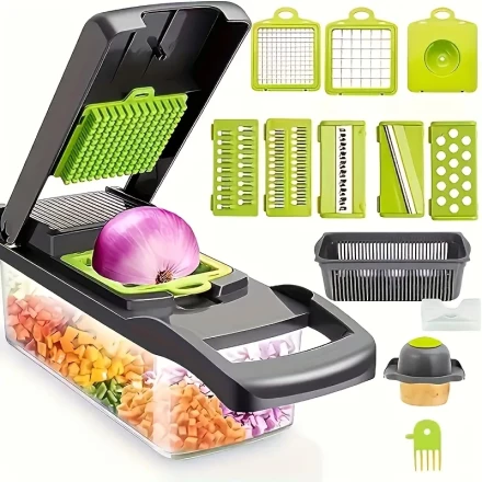 16pcs Manual Vegetable Slicer Set, Handheld Onion Potato Dicer with Storage Container, Fruit & Veggie Chopper with Replaceable Blades, Non-Electric Plastic Kitchen Gadget Tools - Food Contact Safe