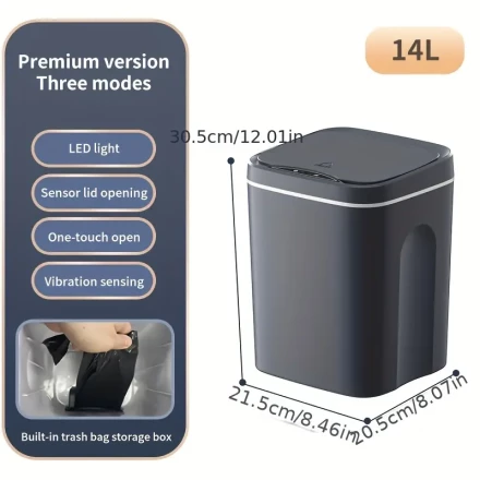 1pc Smart Trash Can with Infrared Gesture Recognition, 13.97 L Capacity, Shock-Resistant, Touch Sensor Lid, One-Touch & Kick Operation, LED Light, USB Rechargeable or Battery Powered for Office, Living Room, Kitchen