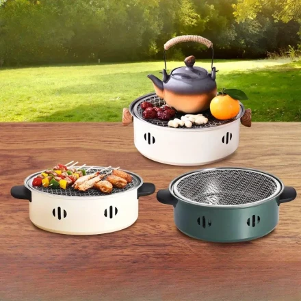 Portable Smokeless Charcoal Grill with Net Lifting Device - Compact Outdoor BBQ & Tea Cooking Stove for Camping, Picnics & Backyard Gatherings, White, Camping Stove