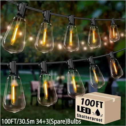 XBATE Solar-Powered ST38 String Lights - Shatterproof, 8 Modes, Remote Control, Vintage Edison Bulbs for Outdoor Decor | & Shockproof | Available in 30.48meter/18.29meter/12.19meter/9.14meter/6.1meter Sizes, XBATE