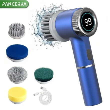 PANCERKA Electric Spin Scrubber, TYPE-C Chargeable Shower Scrubber For Bathroom, 5 Replaceable Heads, LED Display, Three-speed Adjustable Handheld Spin Scrubber, Power Shower Scrubber For Cleaning Kitchen, Tile, Grout, Tub, Stove, Car, Windows