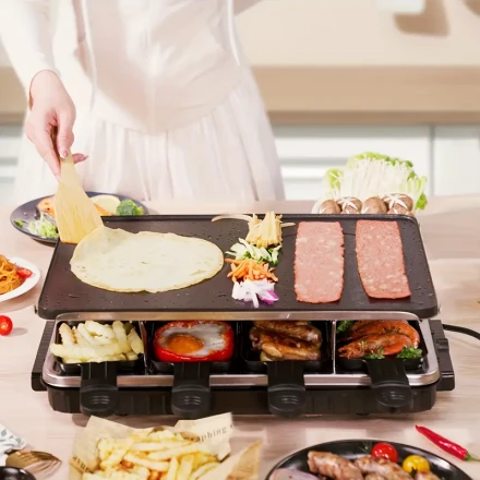 SENBOWE EU Plug Lacolette Grill with Pan And Slider, Front Facing Interchangeable, Detachable, Suitable for 4 People, 1300 W, Matte Stainless Steel