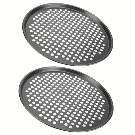 2pcs 12-Inch Round Non-Stick Perforated Pizza Pans, Carbon Steel Bakeware, for Baking, with Baking Stone, for Oven & Air Fryer Compatible, No Battery Needed