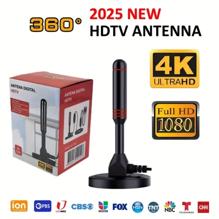 2025 HDTV05 360° Indoor/Outdoor Antenna - 150Miles Range, Supports 4K Ultra HD, Enhanced Signal Booster for Long Distance Reception, Compatible with Major Networks like ABC, CBS, FOX, and More, HDTV Signal Booster|Sleek Black Antenna|Durable Polycarbonate