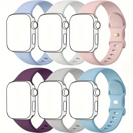 6pcs Silicone Replacement Bands for Apple Watch, Soft Sport Strap, Deployant Clasp, Non-Water Resistant, No Battery, Compatible with iWatch Series 3/SE/4/5/6/7/8/9/10 & Ultra