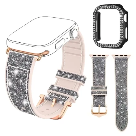 2pcs/set Women Men Fashionable Shiny Change Color Adjustable Silicone Watch Strap & Bling Rhinestone Decor Glamorous Cute Hollow Out Watch Case, For Apple Watch Band 38/40/41/42/44/45/46/49mm, For Apple Watch Series Ultra/SE/10/9/8/7/6/5/4/3/2/1, Intellig
