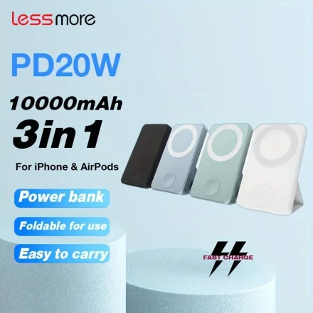 Lessmore 10000mAh Foldable and Portable Magnetic Wireless Power Bank Multi-Port Compatibility for iPhone/Android, Ideal for Gifts & Outdoor Emergency Available in a variety of colors