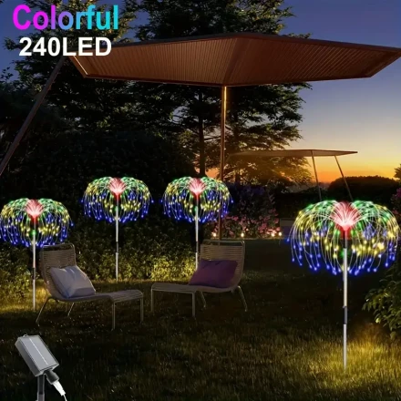 A set of four 320/240 LED solar firecracker lights, 8 modes, outdoor garden plug-in lights for Christmas, Halloween, wedding party decorations,, solar-powered, for balcony, lawn, holiday home decorations