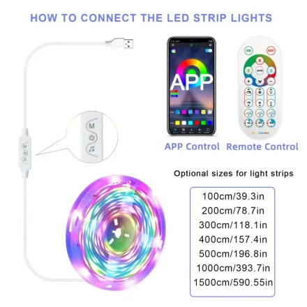 KESHU Vibrant RGB LED Strip Lights - Smart Atmosphere Lighting with Music Sync, USB Powered, Multi-Color Circular Display, Wireless & App Control for Living Room, Bedroom, Parties, Dance Halls - No Battery Required, LED Lights for Living Room