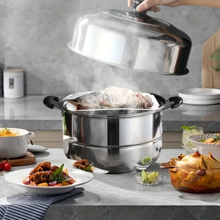 1pc Stainless Steel Double-Layer Steamer with a Flat Bottom, Versatile Hot Pot And Soup Pot, Suitable for Induction Cookers.