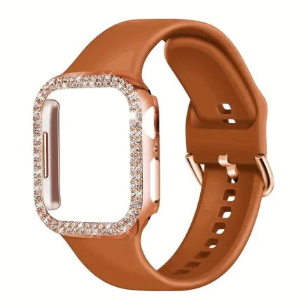 2pcs Combination Of 2 Pieces Of Sporty And Comfortable Waterproof And Sweatproof Inner Metal Buckle Silicone Strap + Anti-slip, Anti-scratch Shiny Double-row Diamond PC Hollow Watch Case Suitable For Apple Watch 38/42/40/44/41/45/49MM Convenient To Wear W