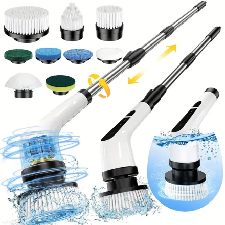 9-in-1 Electric Rotating Cleaning Brush, Can Extend the Cleaning Magic of Stainless Steel Handle, Shower Cleaning Brush, 9 Interchangeable Brush Heads, Adjustable and Removable Long Handle for Long-term Use, Suitable for Kitchen, Bathroom, Floor, Wall and