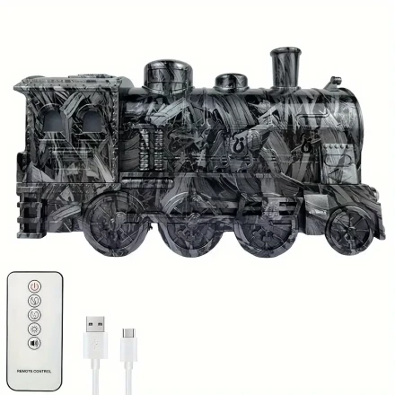 Vintage Train Humidifier & Aromatherapy Diffuser with 7-Color LED Light Show, Dual Mist Modes - Wireless Remote Control for Home, Office, and Entertainment Spaces - USB Powered, Black Steam Locomotive Design, Hotel Room Accessory | Decorative Humidifier |