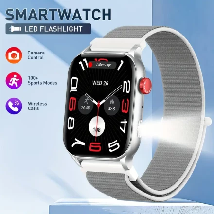 INEYES Smartwatch for Men & Women, 4.96cm AMOLED Display, Multi-Sport, Calorie Tracking, LED Flashlight, Vibration Adjustment, Wireless 5.2, USB Charging, Rechargeable Lithium Polymer Battery, 340mAh, Silicone Strap, AI Voice, Information Reminder, Ideal 