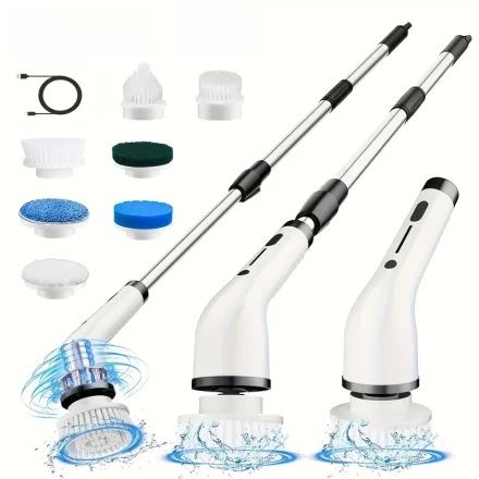 IAGREEA Electric Cleaning Brush, Wireless Electric Rotary Washer, Replaceable 8 Brush Heads And Adjustable Extended Handle, 2 Adjustable Speeds, Rechargeable Shower Brush, 360 Degree Cleaning of Bathroom, Bathtub, Tiles, Floor, USB-C Charging Cable