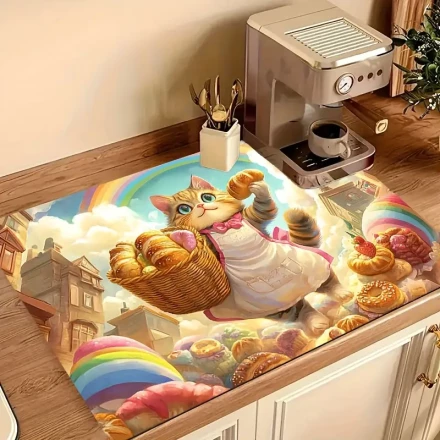 1pc, a Cat Baker with a Rainbow Bread Basket Design Heat-Resistant Stove Protector, Measuring 72.01 cm X 51.99 cm, a Glass Stove Protector, Scratch-Resistant Stove Cover, Dishwasher-Safe Natural Rubber Mat, Suitable for Kitchen Cooking.