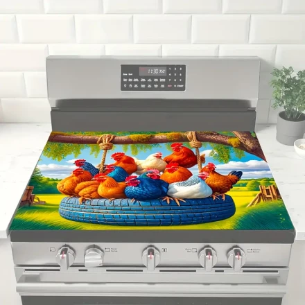 1pc Rustic Farmhouse Chicken on Tire Non-Slip Stove Cover, 71.88 x 52.07 cm, Heat-Resistant, Scratch-Resistant, for Electric Glass Stoves, Multi-Use Flat Top Oven Lid, Washer Dryer Mat, Home Kitchen Appliance Wall Party Decoration