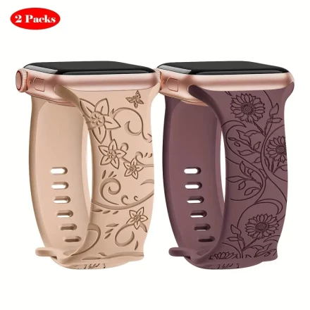 2pcs Floral Engraved Bands Compatible With IWatch Band 40mm 41mm 38mm 42mm 44mm 45mm 49mm Women, Soft Silicone Cute Wildflowers Sport Laser Strap For IWatch Bands Series 9 Ultra SE 8 6 5 4 3 2 1
