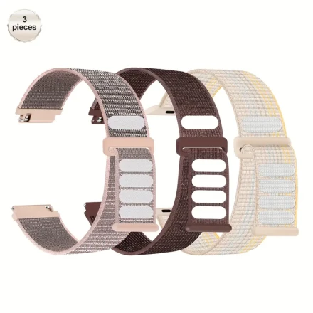 3pcs Adjustable Nylon Sport Watch Bands for Samsung Galaxy Watch 7/6/5/4, Active 2 – Breathable, Waterproof, Hook-and-loop Fastener Clasp – Black, White, Blue-Gray, Orange-White Striped Designs