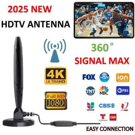 2025 HDTV Antenna, 360° Signal Max, 4K Ultra HD 1080p, Indoor Reception, USB Powered, with Easy Connection for Major Networks