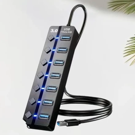 USB 3.0 Hub, 7-Port Splitter with Independent On/Off Switches and LED Indicators, 3.2 ft/1 m Cable, Compatible with MacBook, Laptop, Surface Pro, PS4, PC, Flash Drives, External Hard Drives