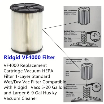 1 Pack VF4000 Replacement Cartridge Vacuum HEPA Filter, 1-Layer Standard Wet/Dry Vac Filter, Compatible with RIDGID Vacs 18.93-75.71 L & Husky Vacuum Cleaner, Plastic Material, 22.71-34.07 L