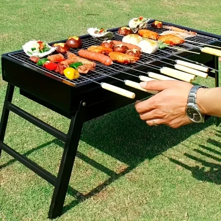 1pc Portable BBQ Grill for Family Gatherings and Friends - Compact Iron Design with Wooden Handles, Perfect for Outdoor Cooking and Grilling Sausages, Chicken Wings, and More, Portable Barbecue Tool | Sleek Black Finish | Iron Construction